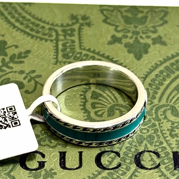 Gucci Men's Interlocking G Enamel Ring Turquoise Silver Size 11 NIB - Picture 4 of 6